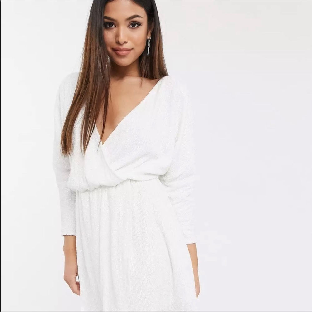 Club L London Petite Sequin Plunge Neck Long Sleeve Mini Dress